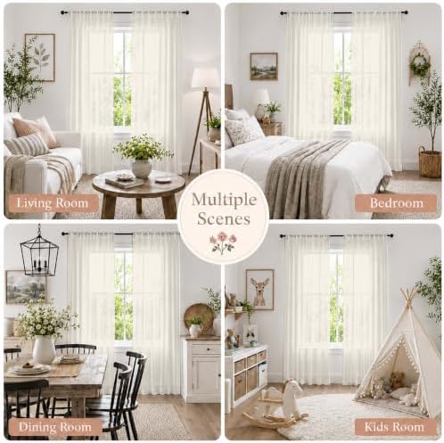 Chyhomenyc Extra Long Cream Sheer Curtains 120 inch Long, 2 Panels