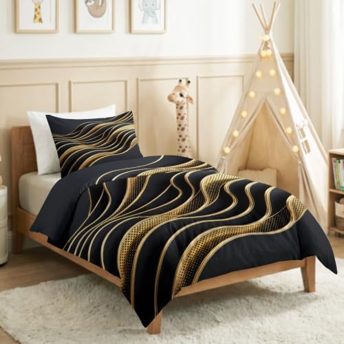 King Duvet Cover Set Soft Microfiber Abstract Golden Lines