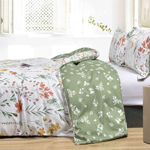 Floral Duvet Cover King Size - White Yellow Flowers and Green Leaf