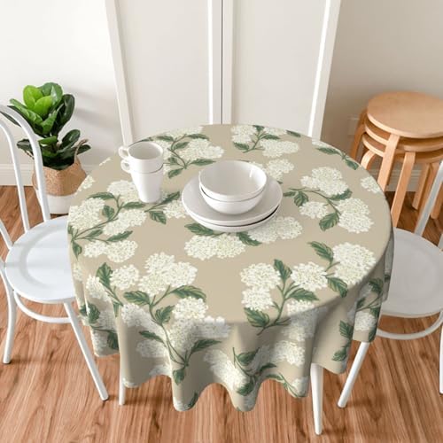 Beige Floral Round Tablecloth 70 Inch Khaki Green Hydrangea Flower