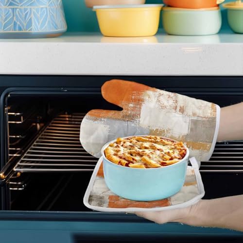 Oven Mitts and Pot Holder Set for Kitchen Orange Gray Beige