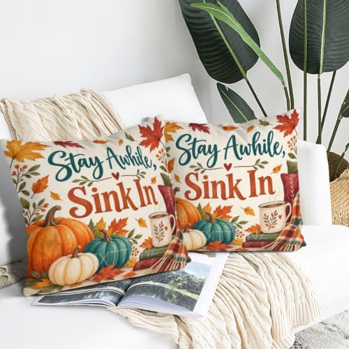Leaves Plaid Decor Pillow Covers 22x22 Inch Set of 2 Linen for Fall
