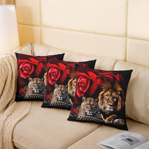 jejeloiu Leopard Throw Pillow Covers 22"x22" Set of 2 Soft Lion Rose
