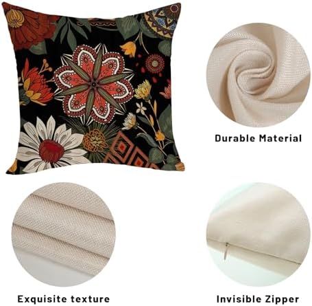 Boho Pillow Covers 18x18 Pack of 2 Black Red Floral Throw Pillow Cover