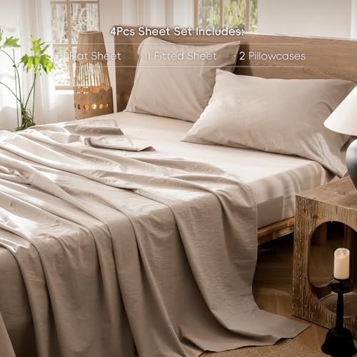 MooMee Sheet Set 100% Washed Cotton Linen-Like Extra Deep Pocket King