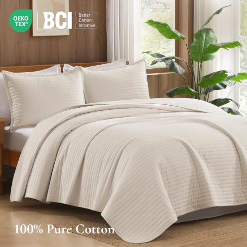 Andency 100% Cotton Queen Beige Quilt 3 Piece, Striped Quilted Bedding