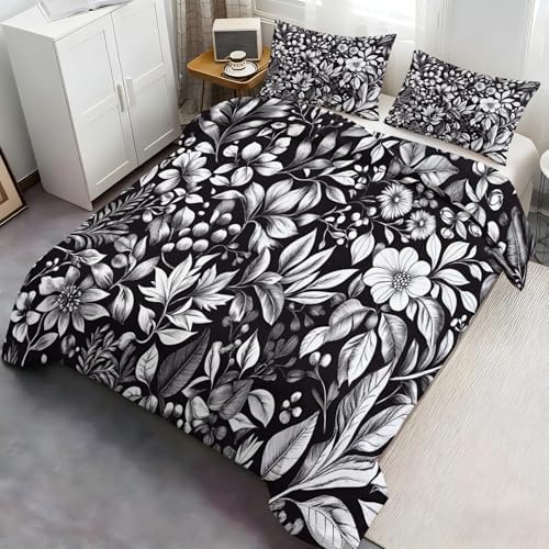 Grey Floral Bedding Duvet Cover, Botanicals Comforter Set with Zipper