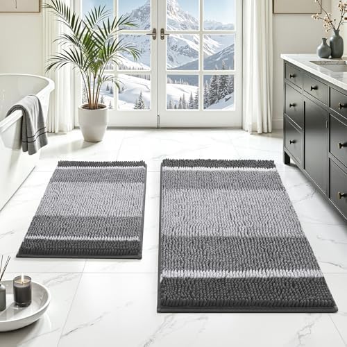 HOMEIDEAS Grey Bathroom Rugs Sets 2 Piece Chenille, 20"x32"+17"x24"