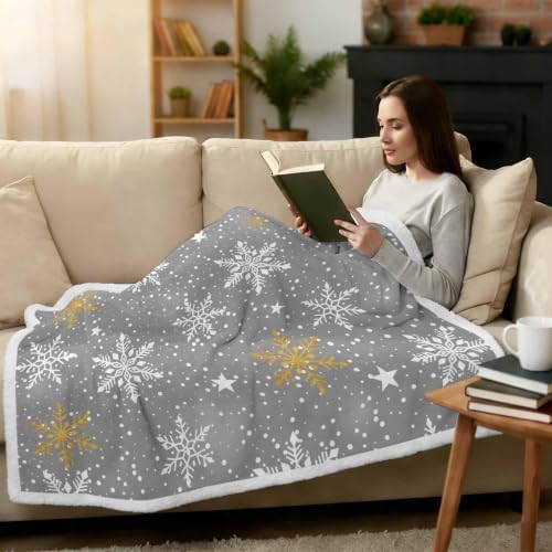 Christmas Snowflake Sherpa Fleece Blanket Grey Winter Yellow White