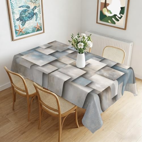 Abstract Block Tablecloths 60" x 84”, Minimalist Beige Gray Raised