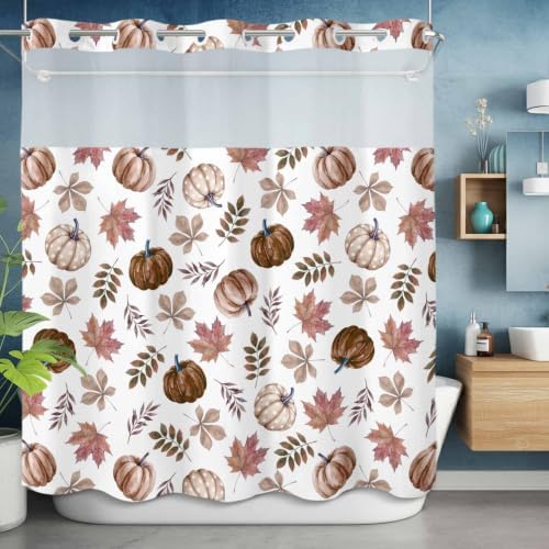 No Hook Vintage Pumpkins Fall Shower Curtain with Snap in Liner Set