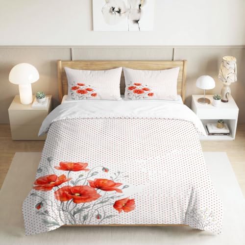 King Duvet Cover Set Soft Microfiber Red Poppies Small White Flowers