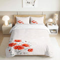 King Duvet Cover Set Soft Microfiber Red Poppies Small White Flowers