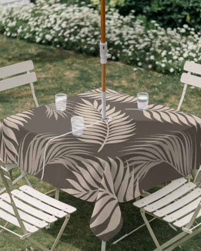 Square Outdoor Tablecloth with Umbrella Hole Rustic Palm Leaves