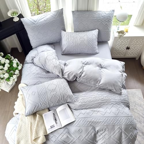 Boho Duvet Cover Queen Size Grey Geometric Tufted 3 Pieces Set