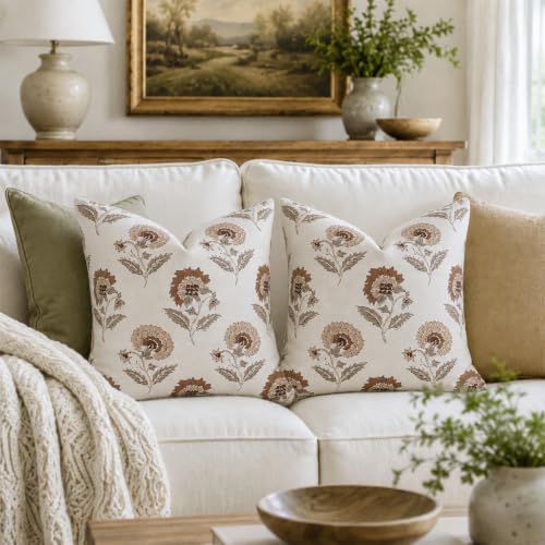 Vintage Throw Pillow Covers 20x20 Set of 2, Cotton Floral Pillow Cover