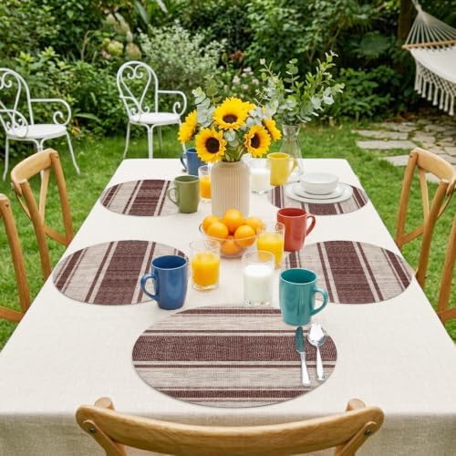 Brown Stripes Placemats Set of 6 Beige Tan Center Band Linen Texture