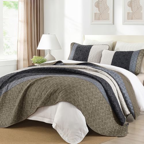 Cottolester Boho Quilt Set King,Black Taupe Striped Plaid Coverlet Set