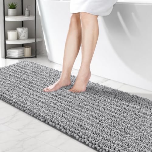 ILANGO Bathroom Rugs Light Grey 60x24, Soft Absorbent Chenille Bath