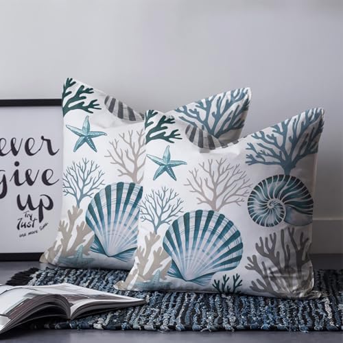 18x18 Pillow Covers Set of 2, Coastal Blue Shells Throw Pillow Covers
