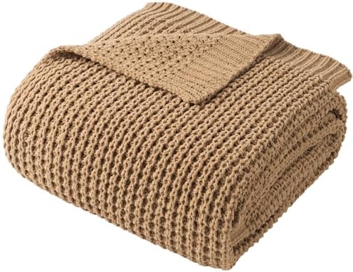 Beige Throw Blanket for Couch, Tan Waffle Knitted Throw Blankets