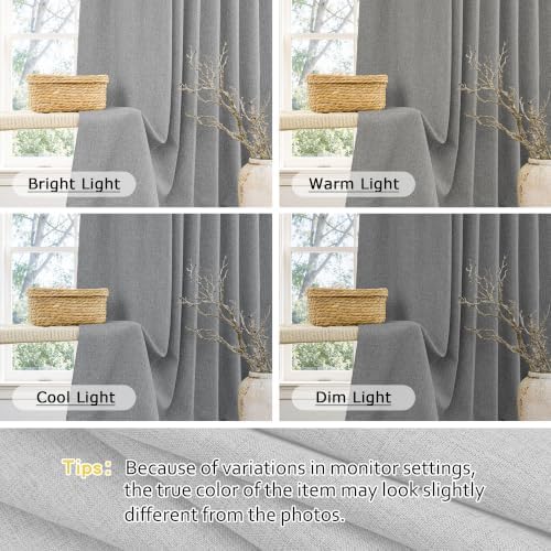 MUMFAS Grey 100% Blackout Pinch Pleated Linen Curtains 84 Inches Long
