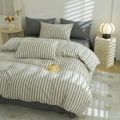 EAVD Retro Green Grey Striped Duvet Cover Set King 100% Washed Cotton
