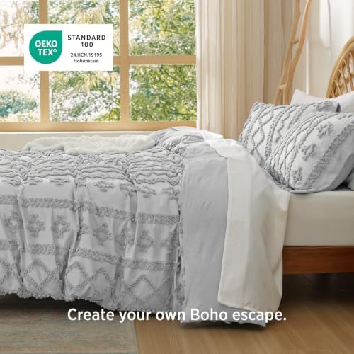 Bedsure Boho Duvet Cover Queen, Tufted Embroidery, 3-Piece, Light Grey