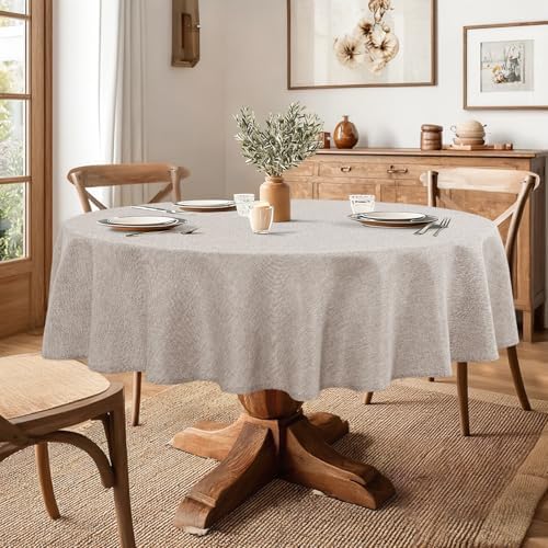 JIUZHEN Round Table Cloth Faux Linen Farmhouse Tablecloth Wrinkle and