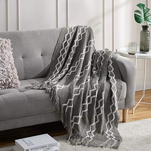BOURINA Knitted Throw Blanket Boho Chenille Outdoor Blanket,Grey