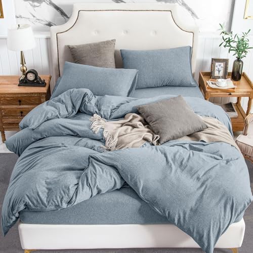 PURE ERA Jersey Knit Duvet Cover Set Heather Blueish Grey Queen