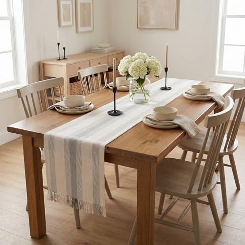 Boho Farmhouse Striped Table Runner 72 Inch Long for Dining Table