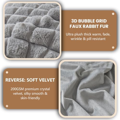 MEGO Fluffy Bubble Grid Faux Rabbit Fur Throw Blanket 60x80, Gray