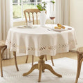 Beige Round Linen Tablecloth with Lattice Cutwork, 47 inch Round