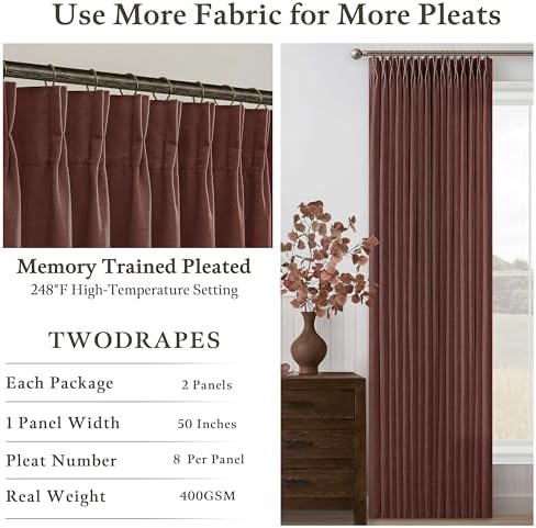 Chestnut Brown Thick Linen Pleated Light Filtering Curtains 96 Inch