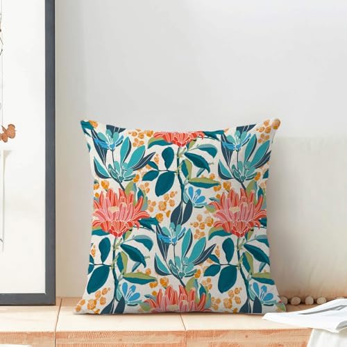 Boho Floral Pillow Covers 18x18 Inch Set of 2 Teal Coral Leaf Floral