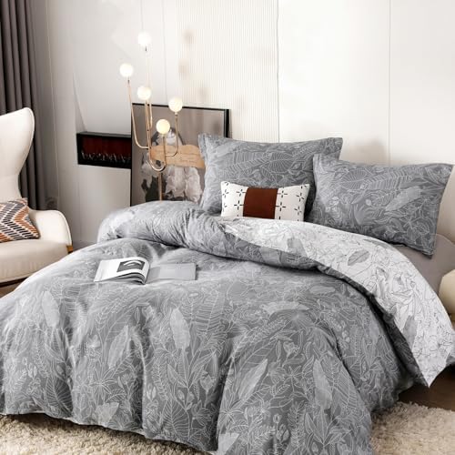 OAITE Queen Duvet Cover Set 3pcs 100% Cotton Grey Forest