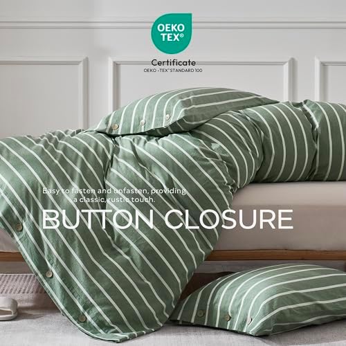 JELLYMONI Cotton Duvet Cover Full Size - Green Striped Comforter Cover