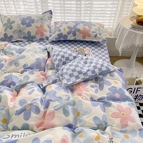 100% Cotton 4 Pieces Duvet Cover Queen Sets, Floral Print Bedding