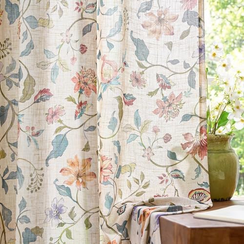 jinchan Beige Floral Linen Curtains 108 Inch Vintage Back Tab 2 Panels