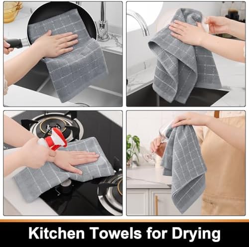 Mordimy Cotton Checkered Kitchen Towels, 16"x 26", 6 Pack, Light Grey