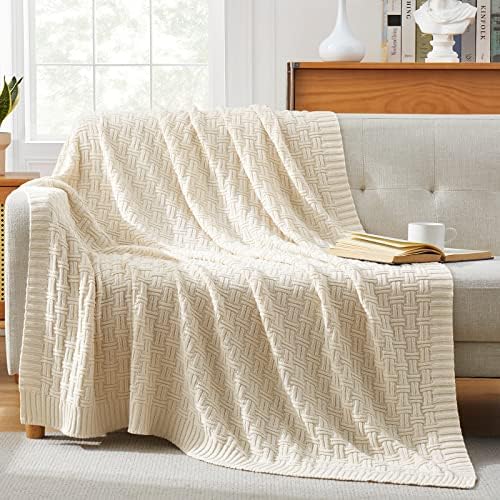 TREELY 100% Cotton Knitted Throw Blanket 50 x 60 Inches, Ivory White