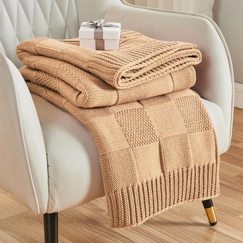 CozeCube Beige Knitted Checkered Throw Blanket 60"X80"