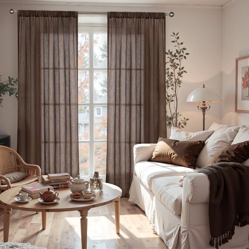 BGment 96 Inches Long Linen Curtains for Living Room Brown Sheer