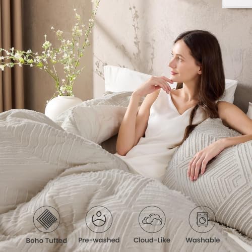 JOLLYVOGUE Twin/Twin XL Comforter Set, Boho Tufted 2PCS Bed Set, Khaki