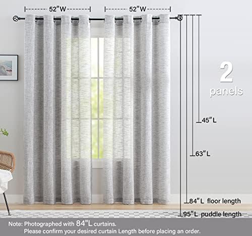 Grey Semi Sheer Curtains for Bedroom Living Room 52x63inch Grommet Top