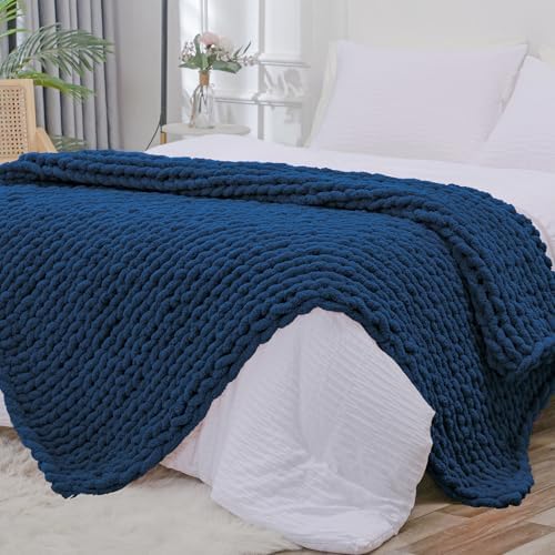 Bigacogo Chunky Knit Throw Blanket for Couch, 60x80 inches, Navy Blue