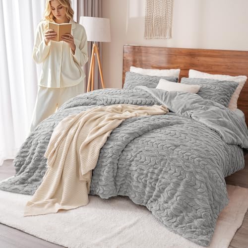 PHF Fluffy Sherpa Fleece King Comforter Set, Grey