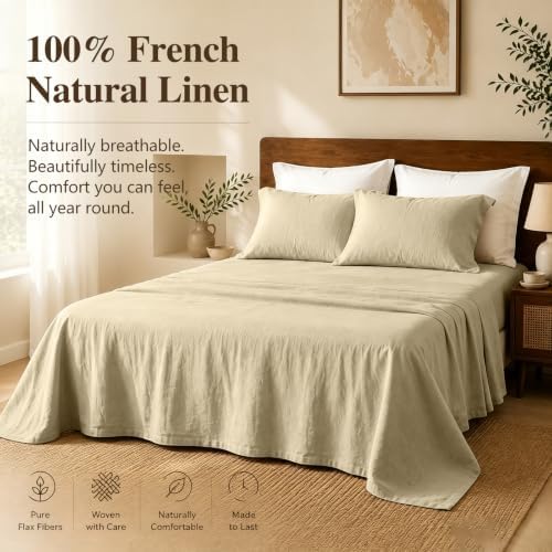 MEISHANG 100% French Linen Sheets Queen,4 Pcs,16" Deep Pocket