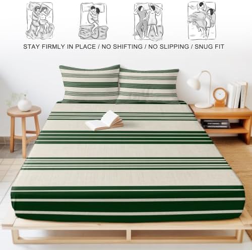 Queen Fitted Sheet Deep Pocket, Forest Green and Beige Stripe Soft